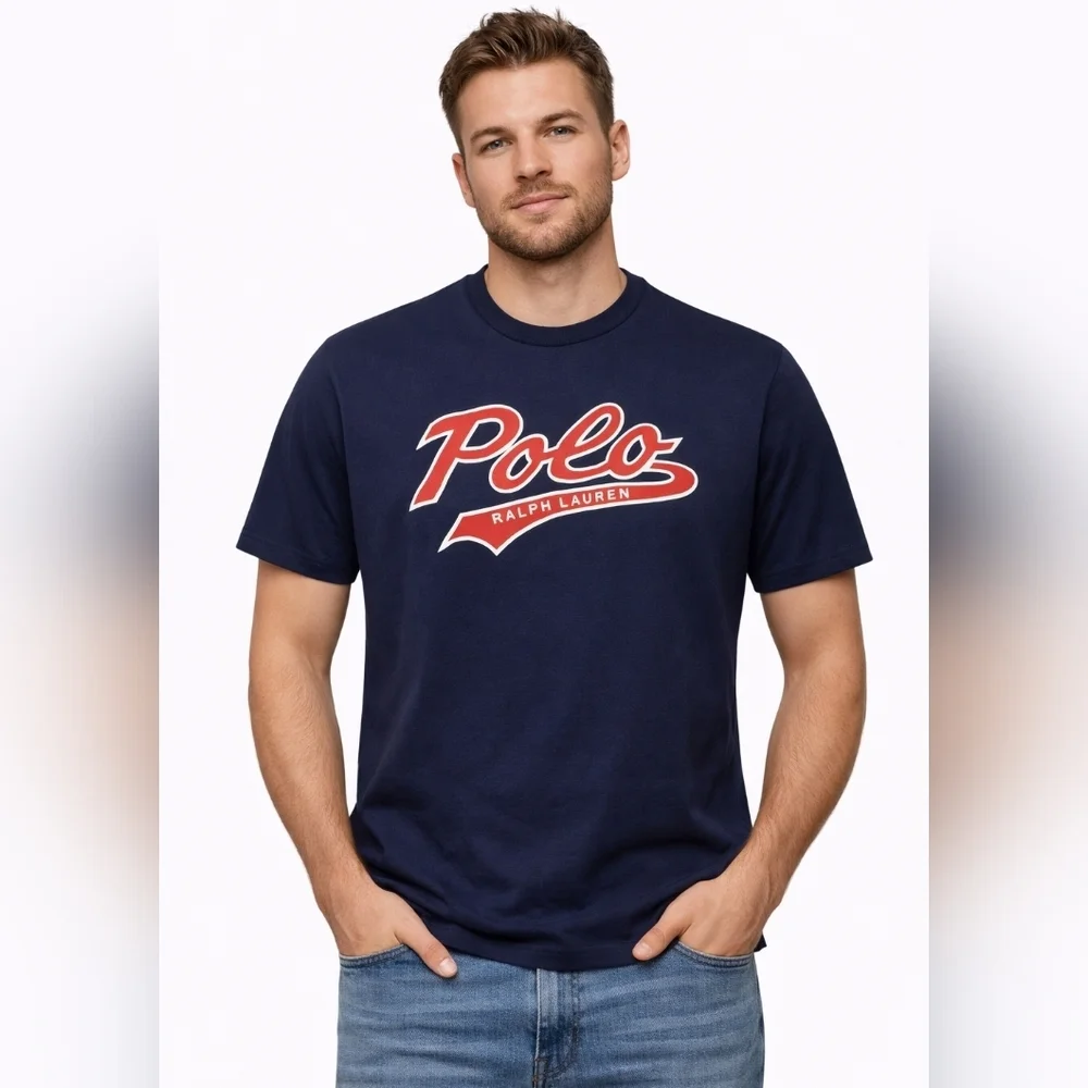 Polo by Ralph Lauren Men's Dark Blue and Red Tee